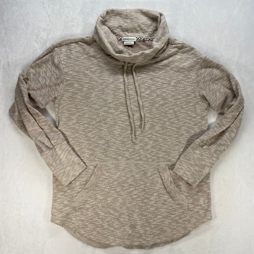 Prana Womens M Cowl‎ Neck Pullover sweater top Drawstring Pouch Pocket Beige